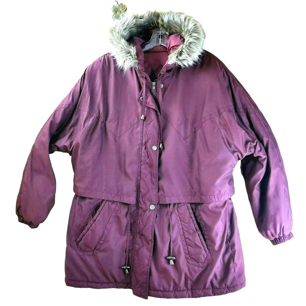Karizma East Ltd. Size 1X Plum Full Zip Vented Puffer Coat Faux Fur Trim Hood